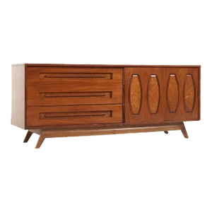 Young Manufacturing Mid Century Walnut and Burlwood Lowboy Dresser