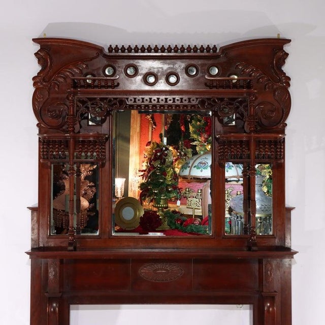 Victorian Horner School Figural Carved Cherry Stick & Ball Mirrored Fireplace Mantel C1900 For Sale - Image 3 of 18