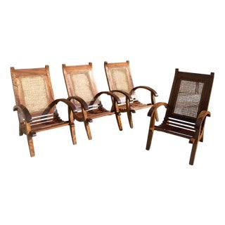 Teak and Wicker Jonc Armchairs, 1950s, Set of 4 For Sale