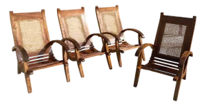 Teak and Wicker Jonc Armchairs, 1950s, Set of 4