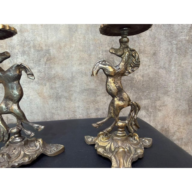 Brass Antiqued Brass Horse Candlestick Pair For Sale - Image 8 of 10
