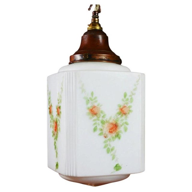 Art Deco Bronze and Hand-Painted Opaline Skyscraper Pendant Light, 1940s For Sale - Image 13 of 13