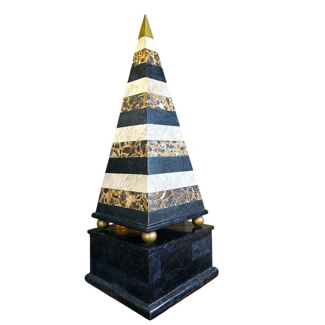 Art Deco 1990s Monumental Tessellated Marble and Brass Obelisk For Sale - Image 3 of 12