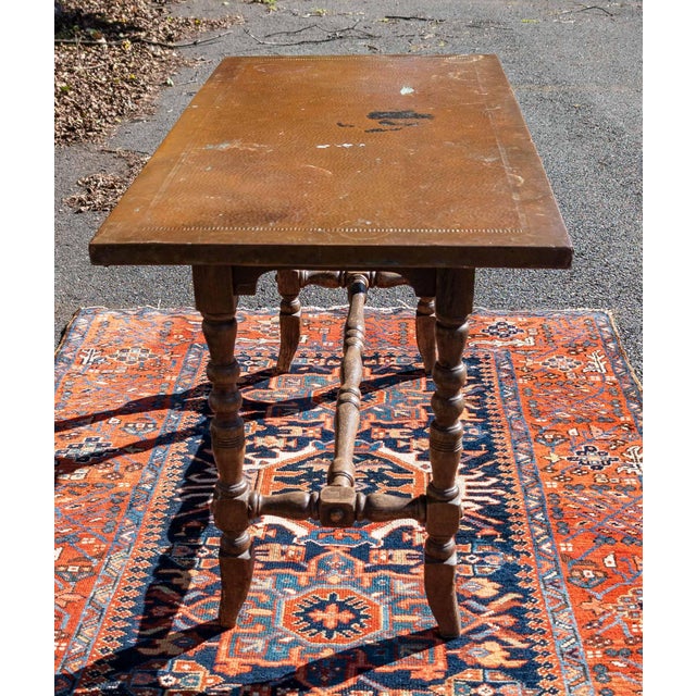 Early 20th Century Early 20th Century Arts and Crafts Copper Clad Top Spanish Jacobean Revival Sofa Table For Sale - Image 5 of 18