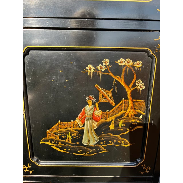 1980s 1970s Jasper Cabinet Co. Chinoiserie Black Lacquer Hand Painted Drop Down Mirror Back Bar and Desk For Sale - Image 5 of 12