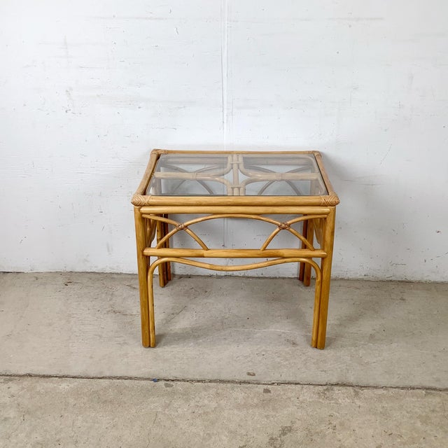 Hollywood Regency Vintage Bent Rattan & Glass Side Table With Arch Apron Detail, Circa 1970s–1980s For Sale - Image 3 of 12