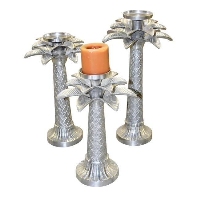Holland Boone Polished Pewter Palm Tree Candle Holders - Set of 3 For Sale