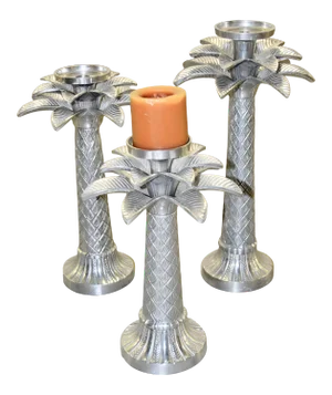 Holland Boone Polished Pewter Palm Tree Candle Holders - Set of 3