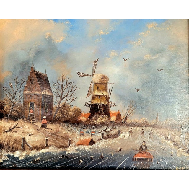 Dutch Artist, Winter Landscape with Windmill and Skaters, Oil on Board, 1950s For Sale - Image 10 of 10
