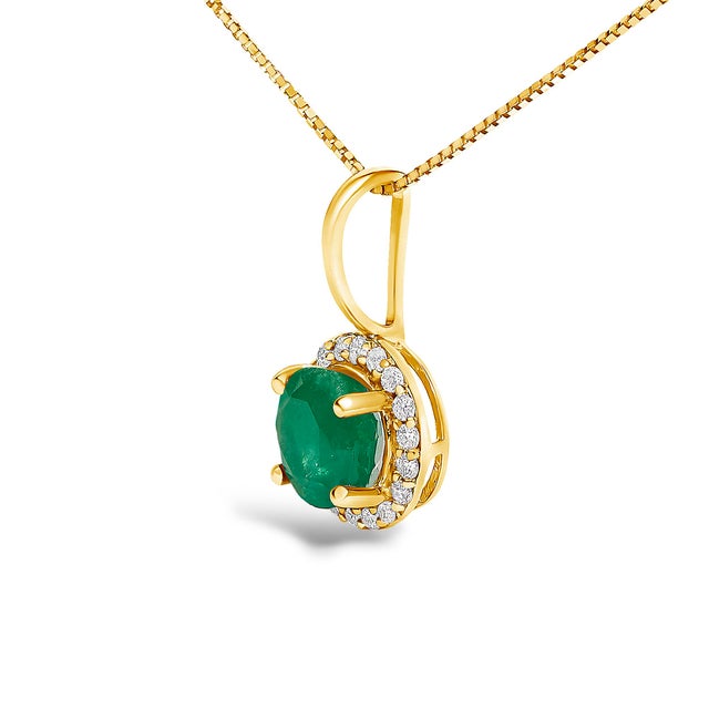 Contemporary 10K Yellow Gold Green Emerald and 1/10 Cttw Diamond Accent Halo Pendant Necklace For Sale - Image 3 of 5
