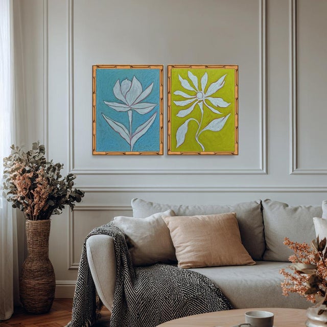 Two original hand-painted oil paintings by artist Tatiana Duperault Stunning botanical diptych — magnolia and lotus in...
