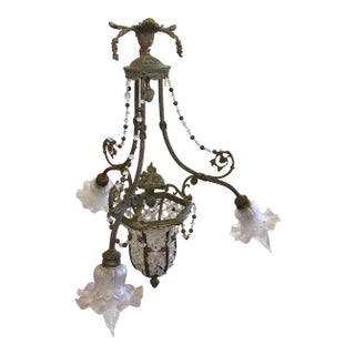 Early 1900's Gothic Style Glass and Bronze Flower Chandelier For Sale