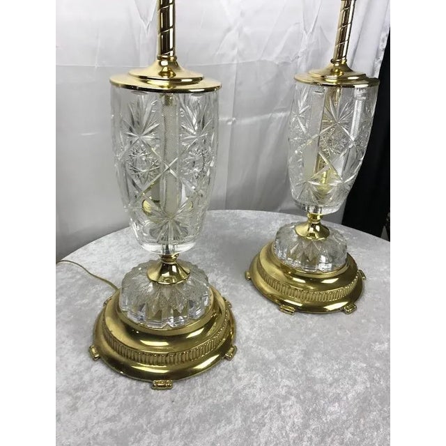 Art Deco 1970s Stiffel Style Hollywood Regency Lead Crystal Ornate Table Lamps, a Pair For Sale - Image 3 of 12