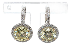 18k White Gold With Natural Round Vivid Fancy Yellow Diamond Drop Earrings, Pair