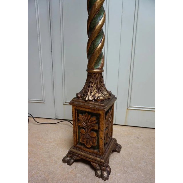 Wood Italian Florentine Torchère Floor Lamp in Hand-Carved Gold-Gilt and Green Wood, 1950s For Sale - Image 7 of 13