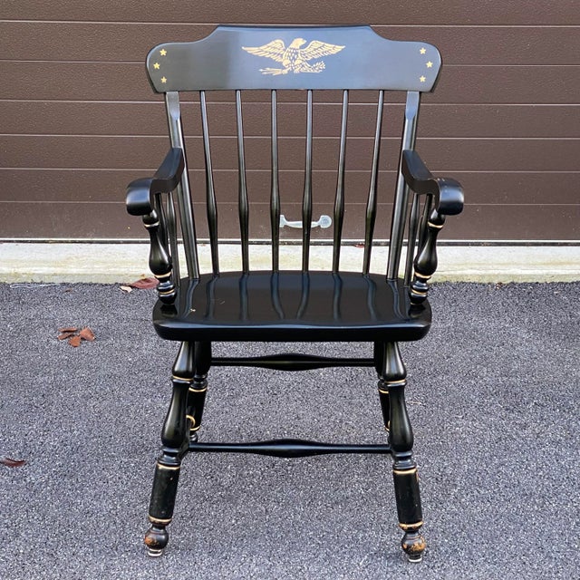 Vintage Ethan Allen Early American Black & Gold Stenciled Armchair Hitchcock Style For Sale - Image 12 of 12