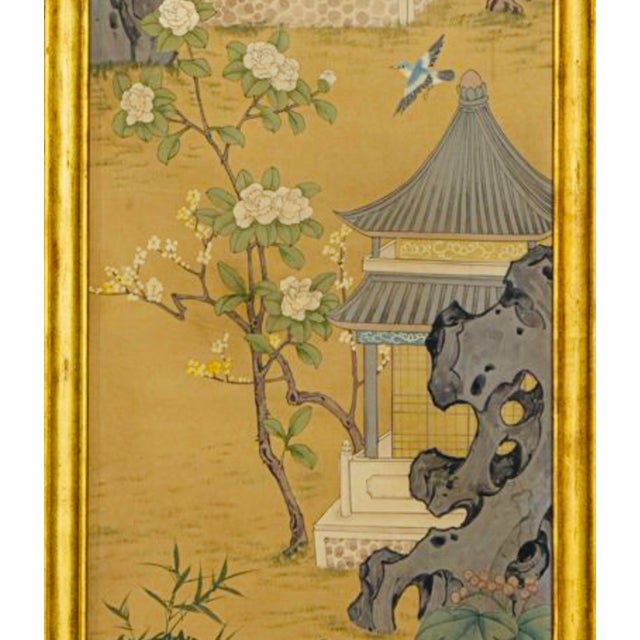 An Asian style panel hand-painted by Maitland Smith. Depicting garden setting design, 75.5" high. Oil on board, Famed