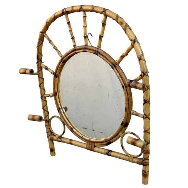Brown Vintage French Rotin Coat Rack Mirror, 1960s For Sale - Image 8 of 13