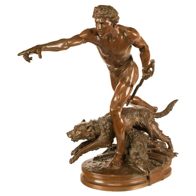 An impressive and monumental French antique figurative group bronze statue, titled 'Au Loop, by Louis-Auguste Hiolin...