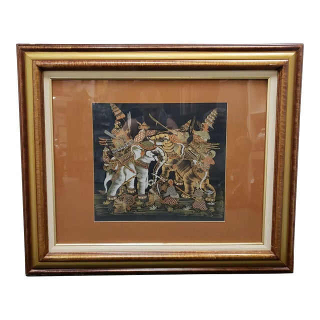 Mid 20th Century Indian Batik Mughal Warriors Framed Silk Painting For Sale