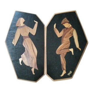 Pair of Judaica Olive Wood Intarsia Inlay Wood Wall Plaques For Sale