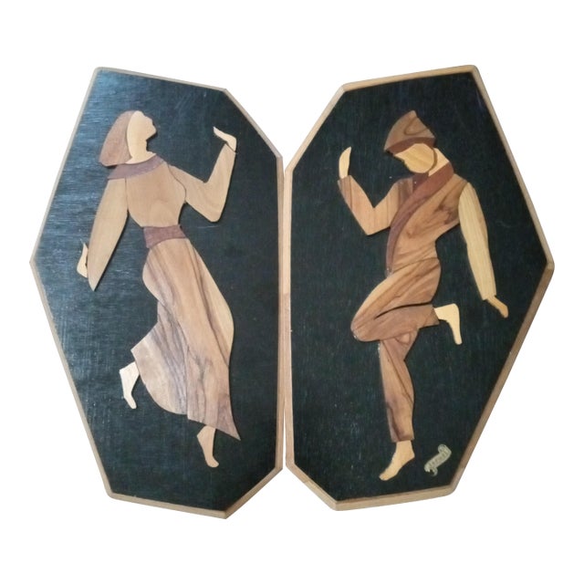Pair of Judaica Olive Wood Intarsia Inlay Wood Wall Plaques For Sale