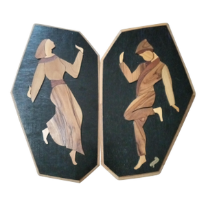 Pair of Judaica Olive Wood Intarsia Inlay Wood Wall Plaques