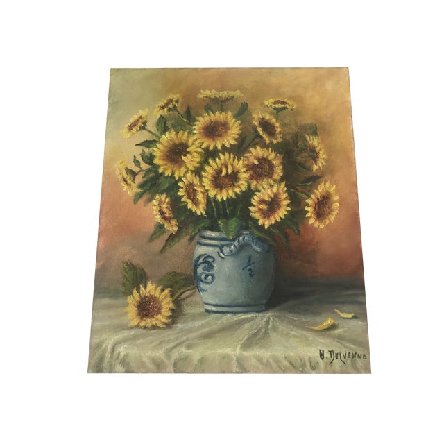 Sunflowers in a Ceramic Vase, Oil Painting on Canvas For Sale