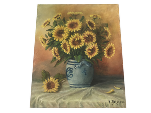 Sunflowers in a Ceramic Vase, Oil Painting on Canvas