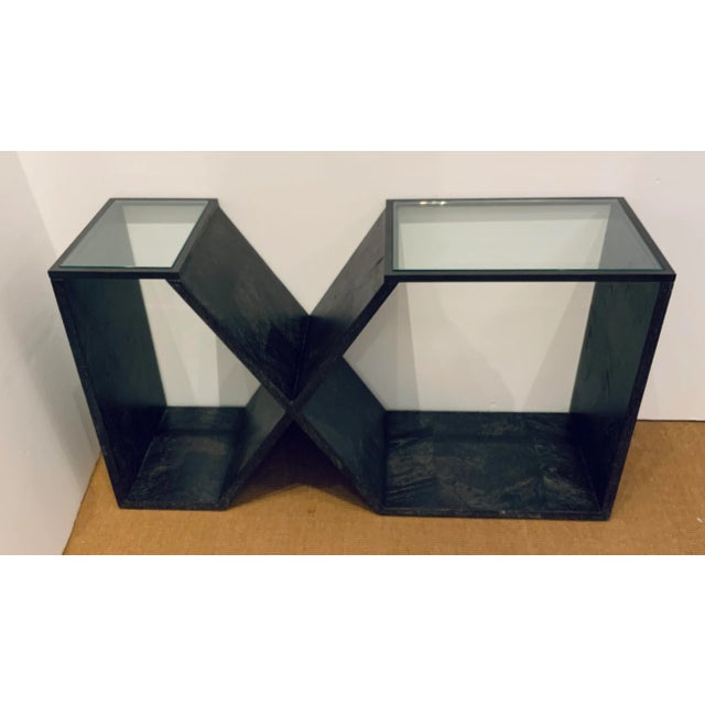 Stylish Theodore Alexander Modern Black Cerused Oak Finished Karina Console Table, glass tops, showroom floor sample
