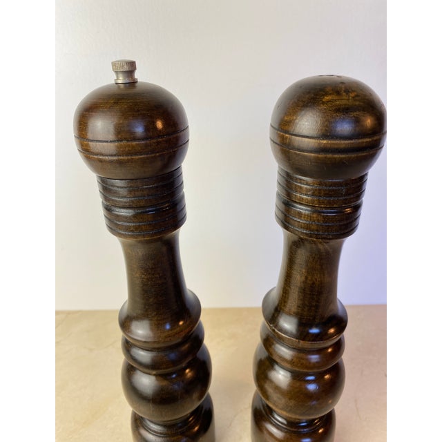 Mid 20th Century Vintage Made in Japan Dark Hardwood Salt & Pepper Mill Set, Turned Wood Grinder Pair For Sale - Image 5 of 9
