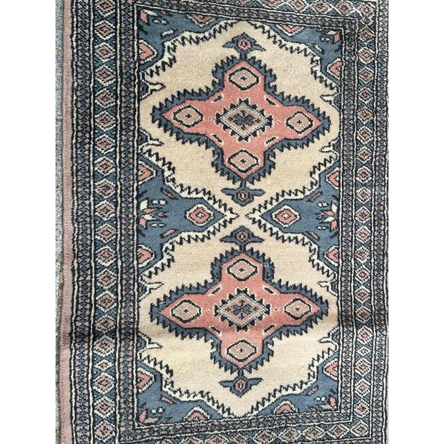 Pretty small vintage Pakistani rug with nice geometrical design in style of Turkmen rugs, and beautiful colours with beige...