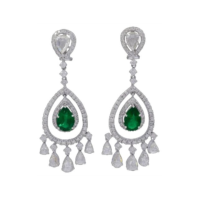GIA Certified 6.5Ct Zambian Pear Emerald Diamond Hanging/Drop Earrings 18KW Gold For Sale - Image 15 of 18