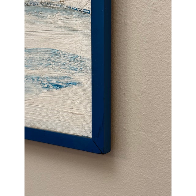 Blue Vintage Scandinavian Modern Folk Art Winter Landscape Expressionist Original Framed Oil Painting For Sale - Image 8 of 12