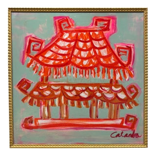 Pink and Green Pagoda Abstract Chinoiserie Acrylic Painting For Sale