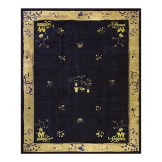 Antique Chinese Wool Blue Rug Art Deco Design Room Size 1920s 9' 1" X 11' 5" For Sale