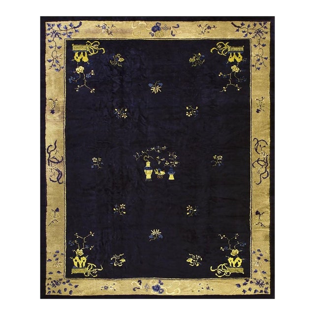 Antique Chinese Wool Blue Rug Art Deco Design Room Size 1920s 9' 1" X 11' 5" For Sale