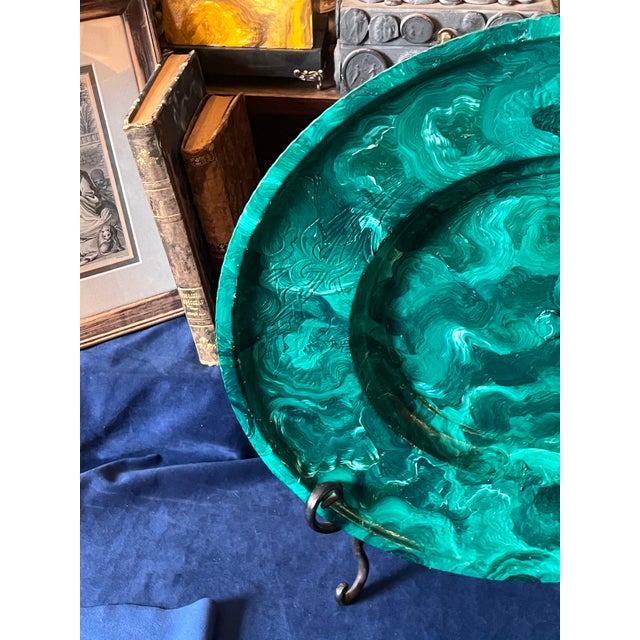 Large Art Deco Faux Malachite Painted Decorative Vintage Plate Charger on Stand For Sale - Image 4 of 10