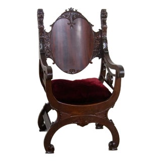 Late 19th Century Neo Renaissance Style Lion Head Savonarola Throne Chair W/Mahogany Frame For Sale