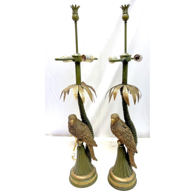 Hollywood Regency 20th Century Palm Beach Chic Parrot and Palm Tree Lamps- A Pair For Sale - Image 3 of 18
