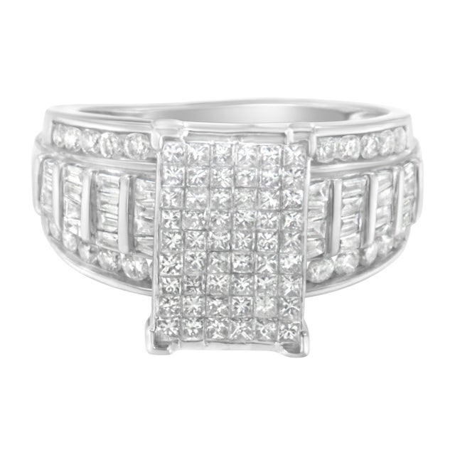 14K White Gold 2.0 Cttw Mixed-Cut Diamond Rectangle Invisible-Set Composite Cluster Ring with Bar- and Channel-Set Band - Size 7 For Sale - Image 4 of 7