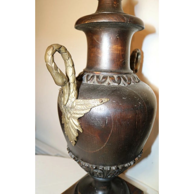 1940s Pair of 2 Large Antique Hand Carved Wood Brass Swan Sculpture Urn Style Lamps For Sale In New York - Image 6 of 12