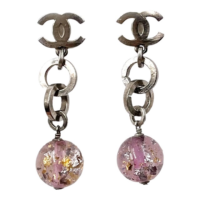 Chanel Silver CC Chain Purple Bead Long Piercing Earrings - 2 Pieces For Sale