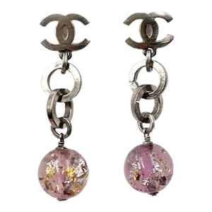 Chanel Silver CC Chain Purple Bead Long Piercing Earrings - 2 Pieces