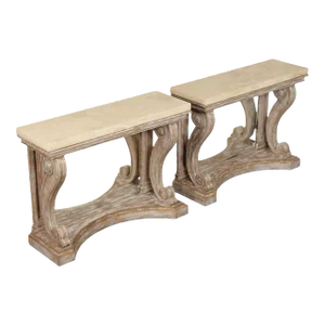 Early 21st Century Niermann Weeks Attributed Neoclassical Empire Style Scroll Carved Travertine Top 'Blenheim' Consoles - A Pair