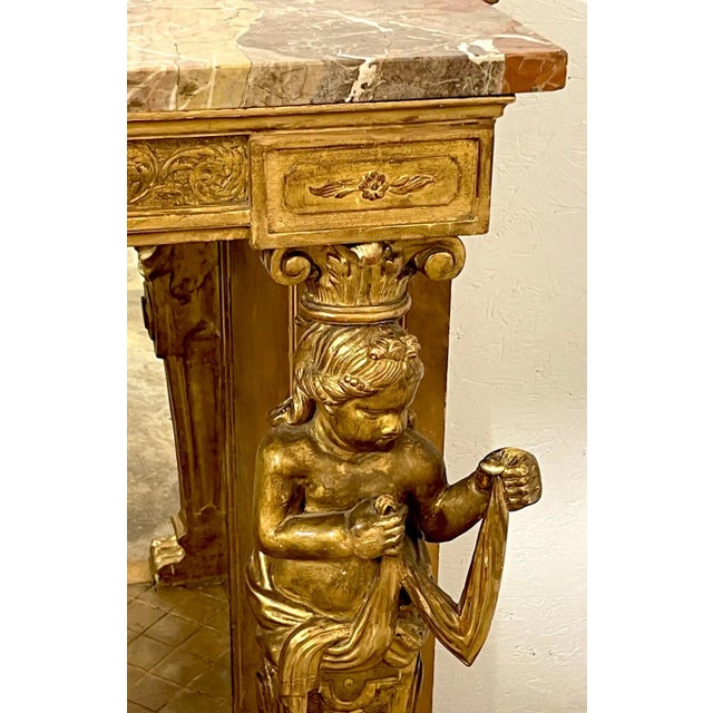19th Century Italian Neoclassical Breccia Viola Marble & Giltwood Figural Console For Sale - Image 11 of 13