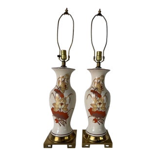 1970's Vintage Chinoiseries Style Floral Lotus Motif Ceramic Table Lamps - A Pair For Sale