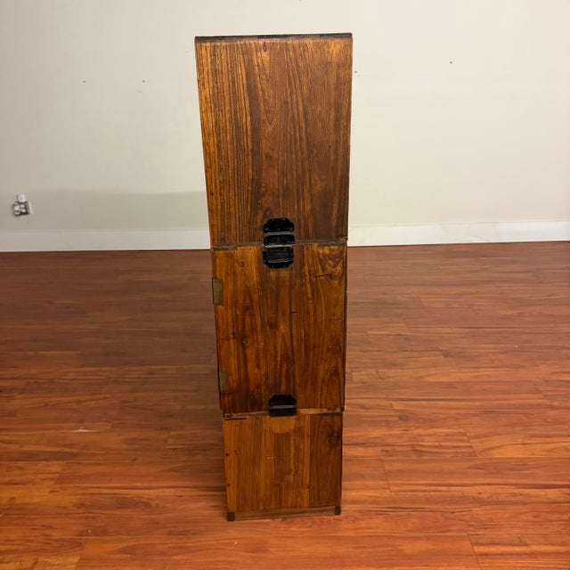 Brown Vintage Japanese Tansu Chest Stacking Cabinet With Fan Motif Sliding Doors For Sale - Image 8 of 18