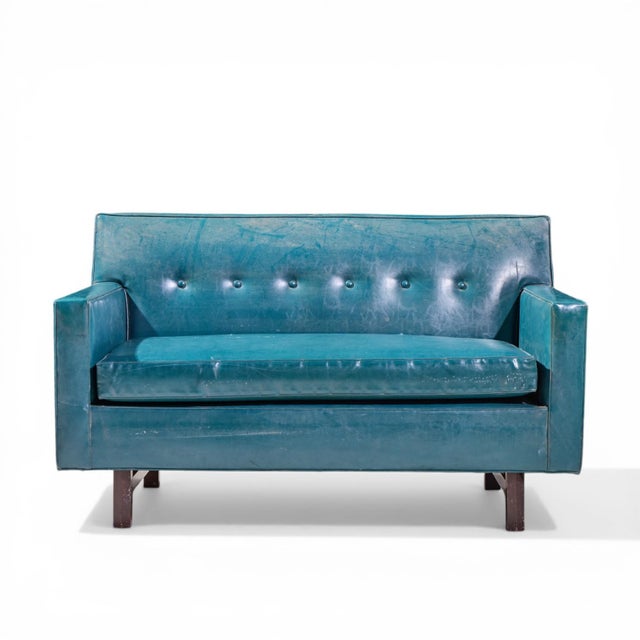 Edward Wormley for Dunbar Mid Century Mahogany Loveseat Settee Sofa This loveseat measures: 51 wide x 32.5 deep x 30...