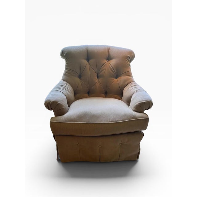 Textile Tufted Swivel Club Chair in Taupe Denim-Style Fabric For Sale - Image 7 of 11
